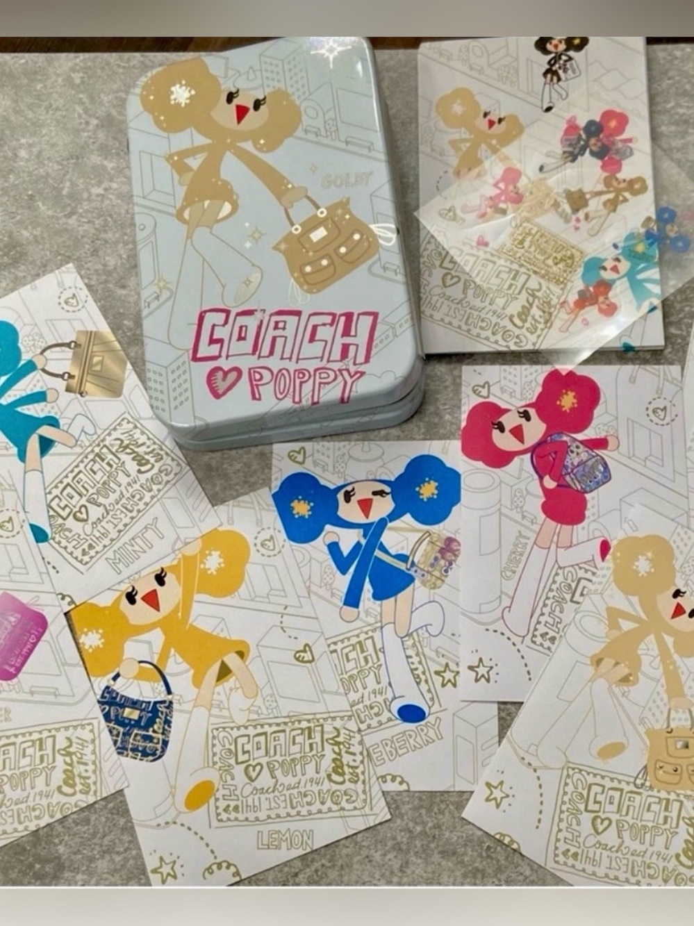 Coach Poppy Chan TIN AND note cards & stickers complete set OF 8 brand new